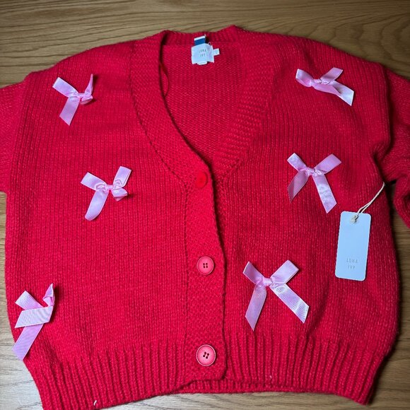 Luna Ivy Red Bows Cardigan Sweater Size‎ S NEW WITH TAG - Picture 1 of 8